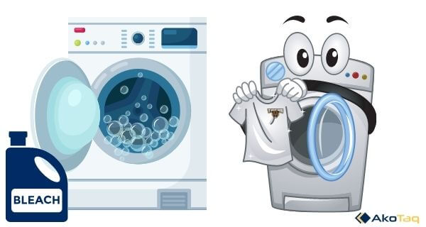 Washing machine wash bleaching steps of a white shirt with a logo
